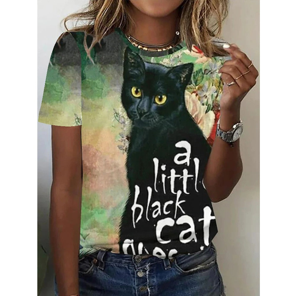 Damen Sommer Top 3D Katzen T-Shirt Rundhals Streetwear lockeres Damentop