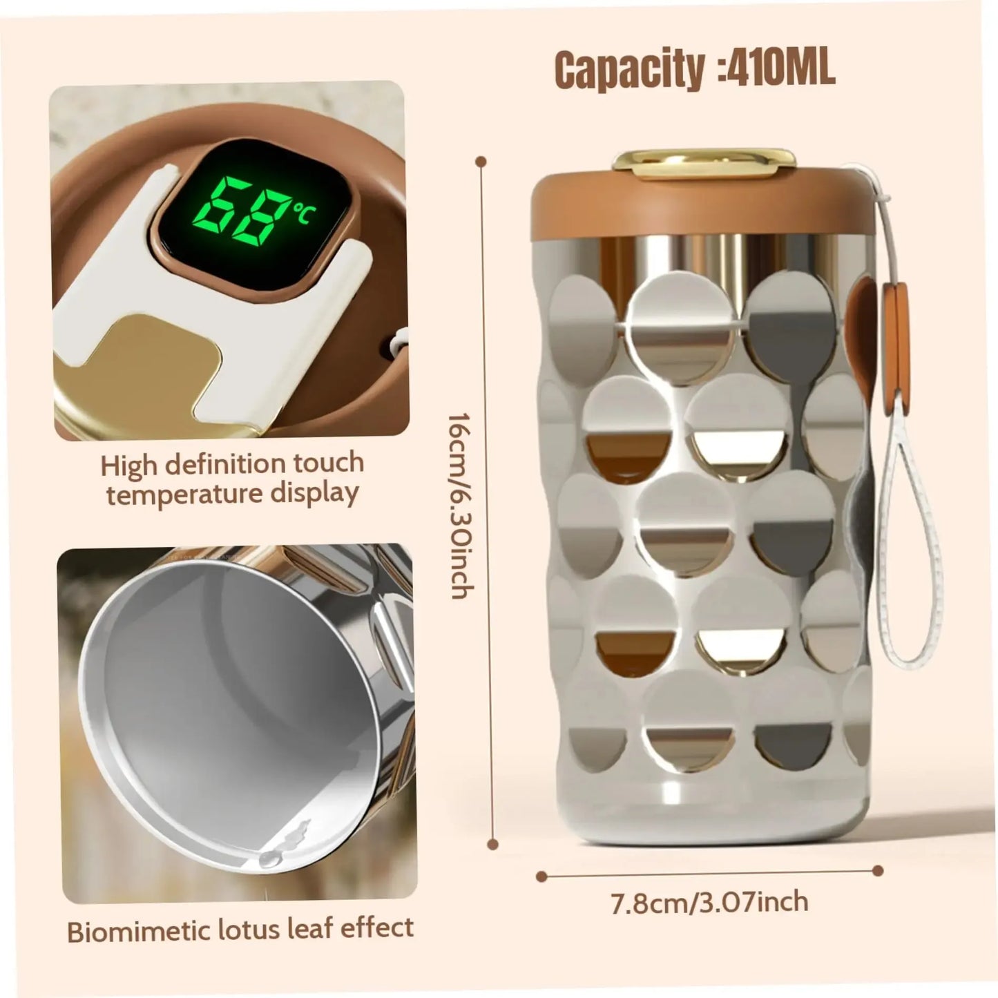 Thermobecher m Temperaturanzeige Becher Edelstahl 450ml MUG Isolierbecher Tasse