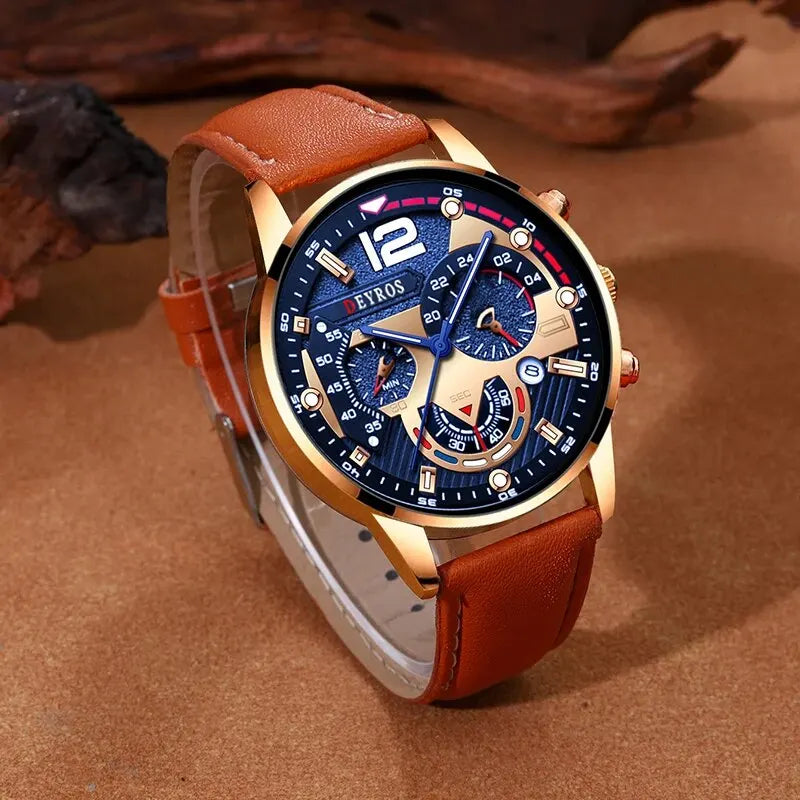 Stilvolle Herren Armbanduhr mit Kunstleder Armband Set Luxus Quarz Uhr