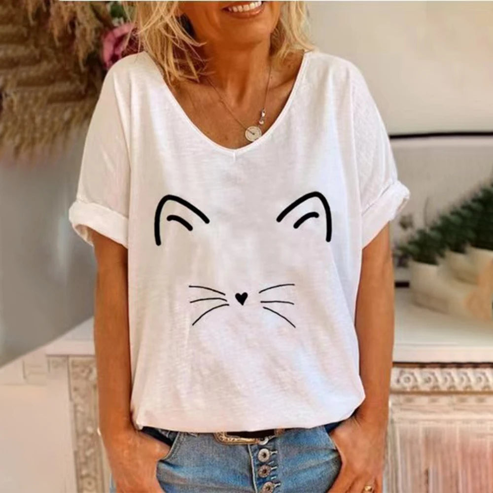 Damen Sommer Top Katzen T-Shirt Rundhals Streetwear Bluse Damentop Mädchen