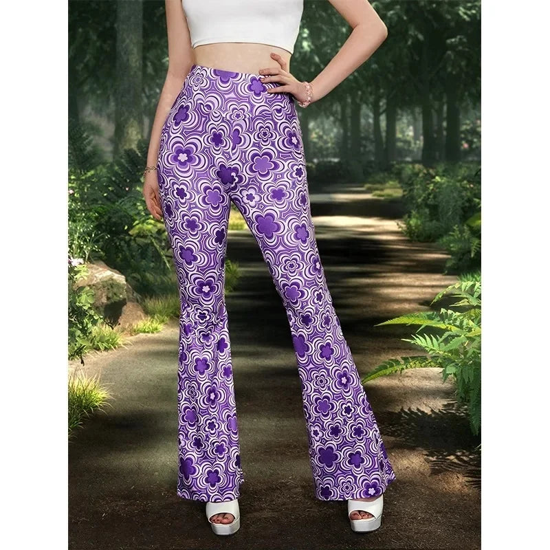 Damen Yoga Hose Bootcut Hüftjeans Schlaghose Flared Leggins Flower Power Retro