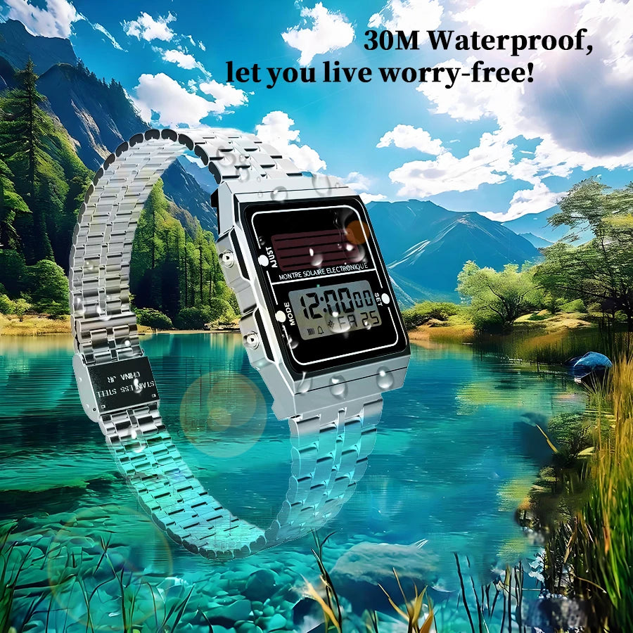 Solar Herren Digitaluhr Retro Chronograph Edelstahlarmband Wasserdicht Multifunktionale Sport Elektronische Uhren
