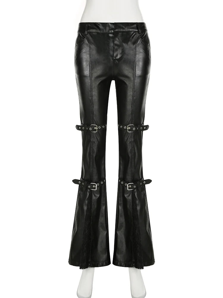 Sexy Damen Leggings Push Up Leggins Gothic Punk Hose PU Lederhose Reißverschluss