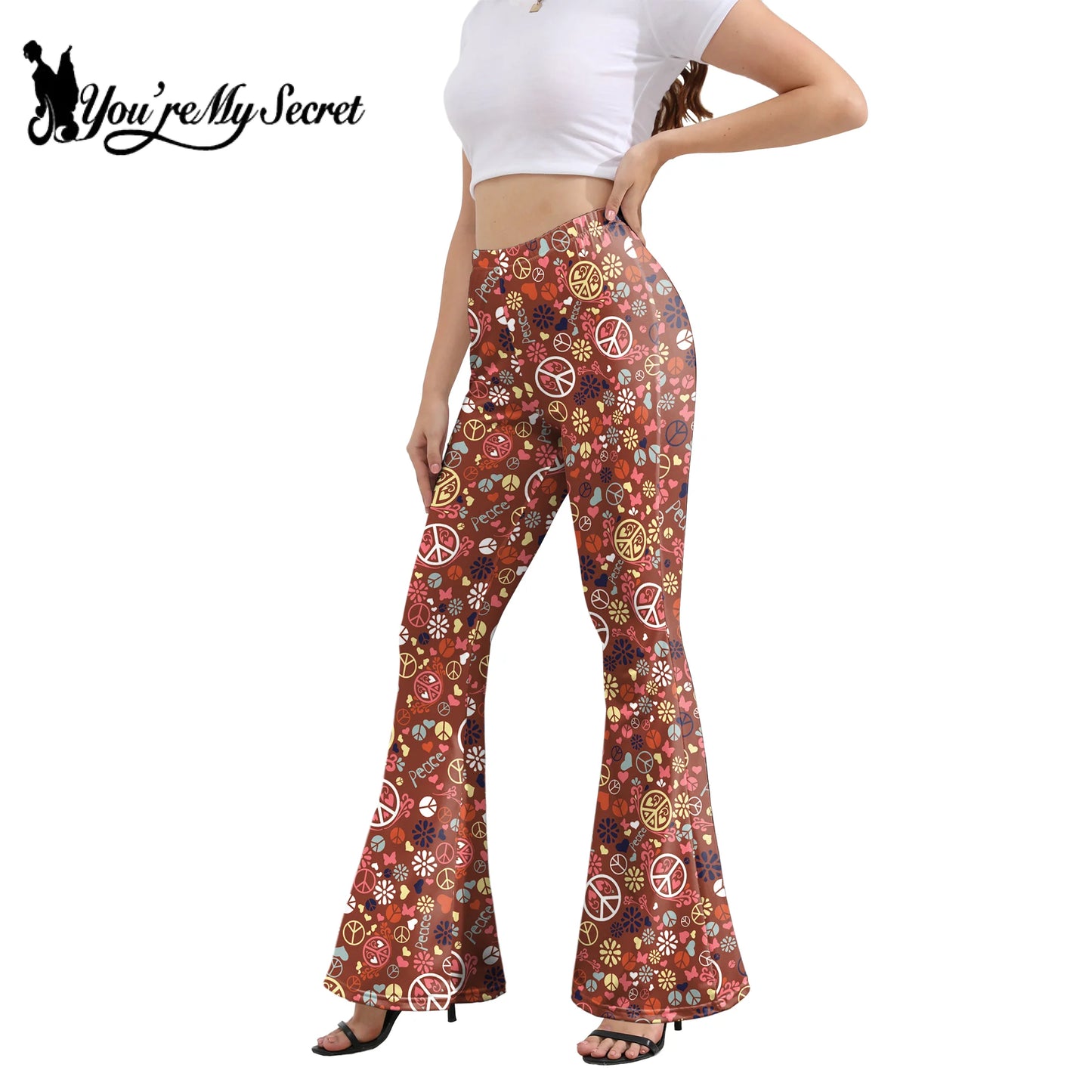 Damen Yoga Hose Bootcut Hüftjeans Schlaghose Flared Leggins Flower Power Retro
