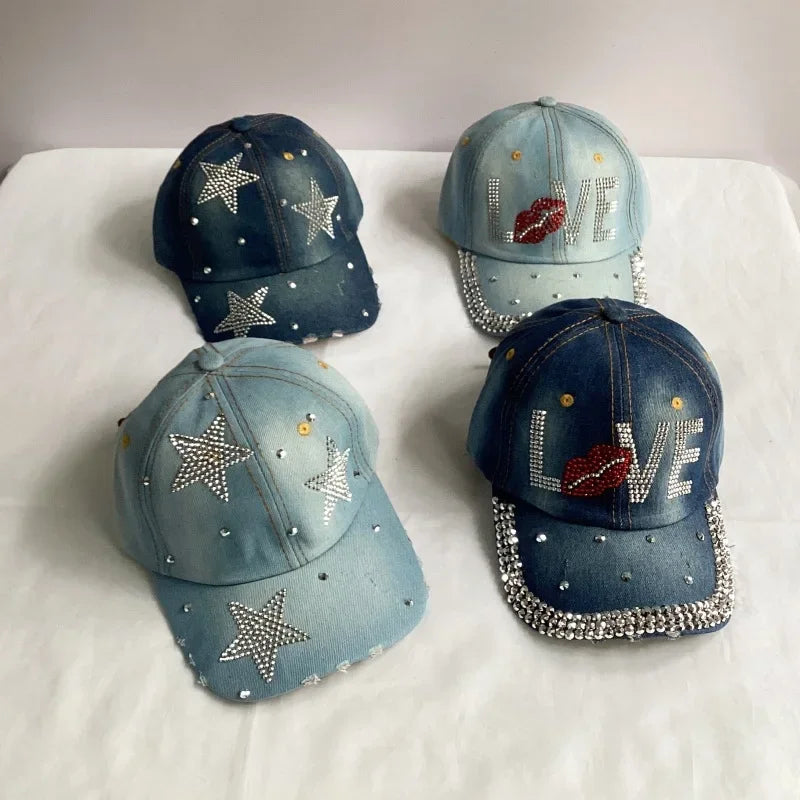 Jeans Basecap Cappy Denim Look Cap Kappe LOVE Strass gebogen Herren Damen