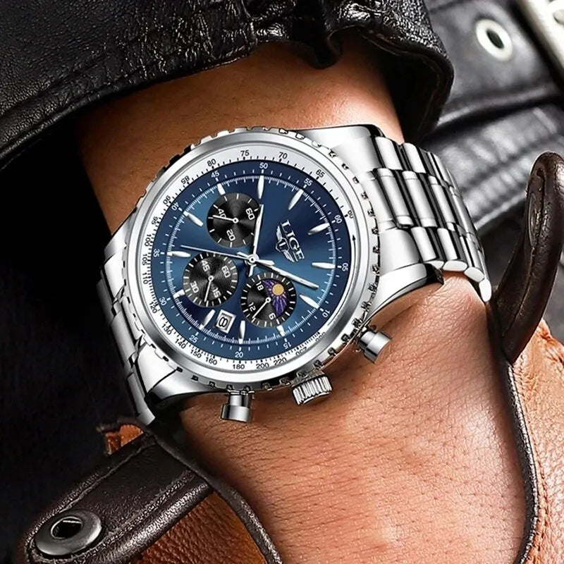 Herren Armbanduhr Silber Gold Edelstahl Fashion Quarz Uhr Chronograph Business
