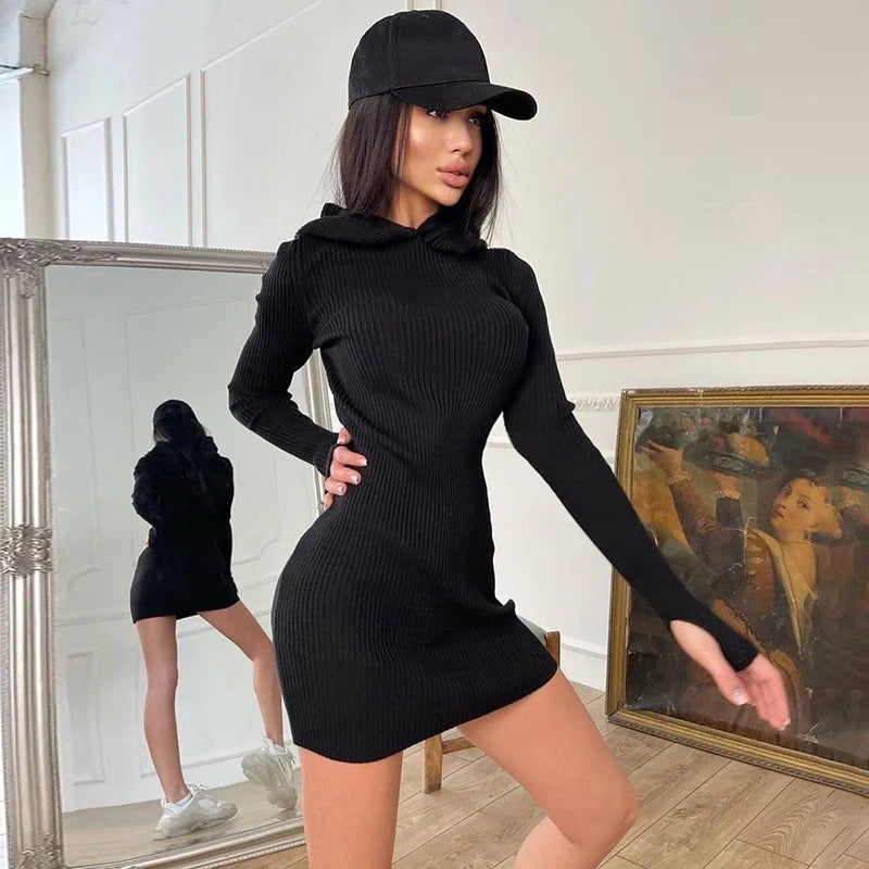 Damen Kleid Pulloverkleid Kapuzenpullover Hoodie Pullikleid Kapuzenkleid