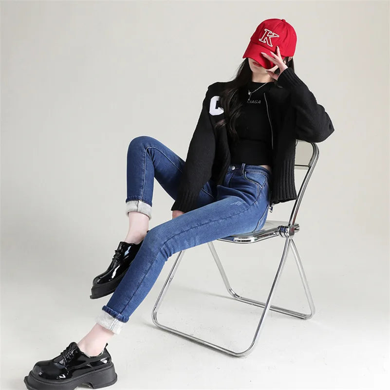 Damen Winter Warm Thermo Jeans Hose Innenfleece Stretch Hosen Leggins Denim