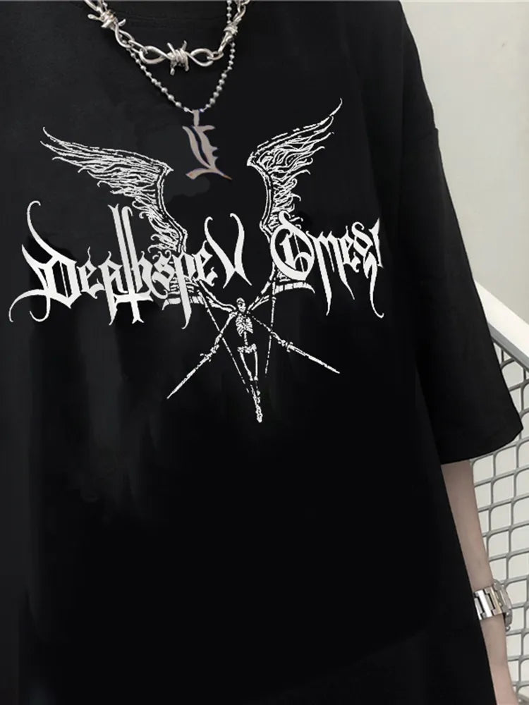 Damen Sommer Top Gothic Punk T-Shirt Rundhals Streetwear lockeres Damentop