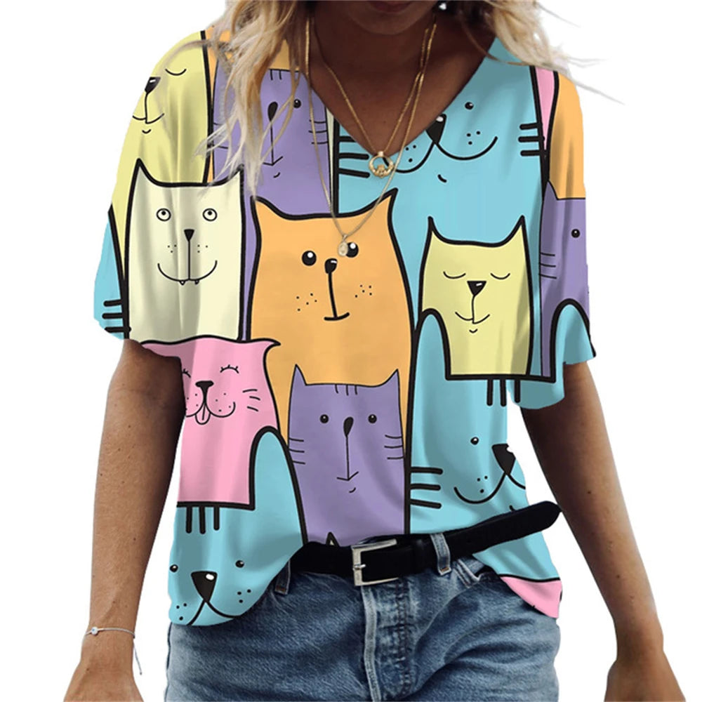 Damen Sommer Top Katzen T-Shirt V-Ausschnitt Hemd & Bluse Damentop Mädchen