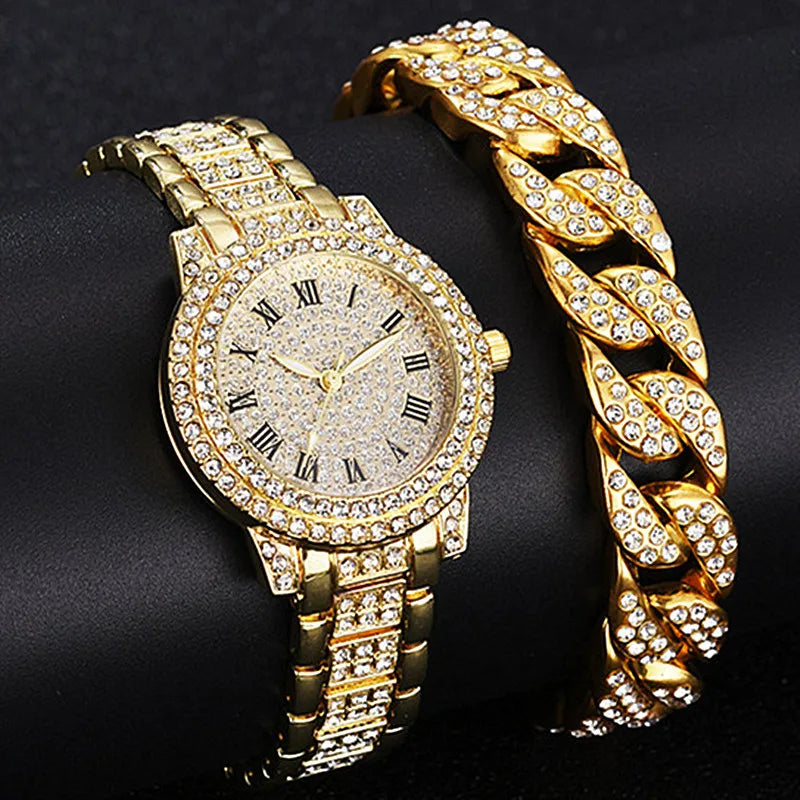Damen Armband Uhren Set Strass Luxus Quarz Silber Gold Business Armbanduhr