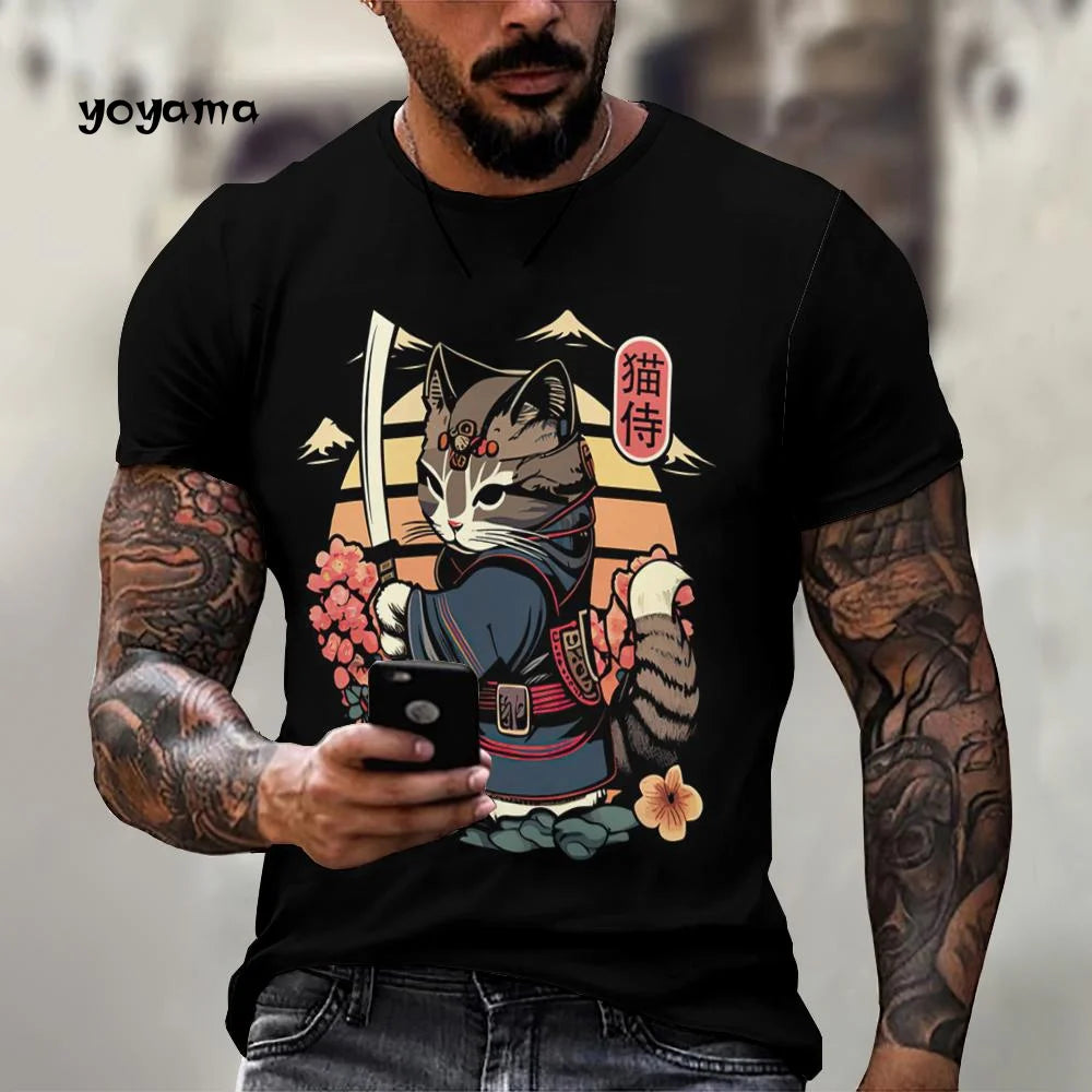 Japanische Samurai Katze Muster männer T-Shirt 3D Spaß Druck Kurzarm Sommer T-Shirt Harajuku Tops männer Straße Casual kleidung