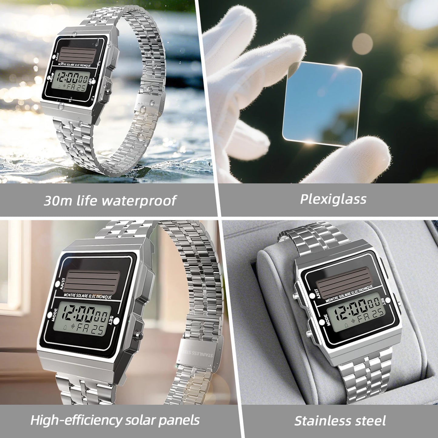 Solar Herren Digitaluhr Retro Chronograph Edelstahlarmband Wasserdicht Multifunktionale Sport Elektronische Uhren