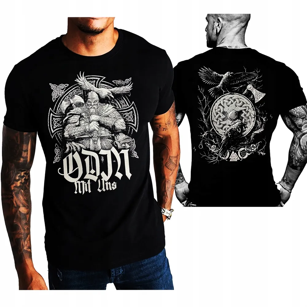 Herren Gym Fitness Vikings Tattoo 3D T-Shirt Rundhals Unisex Streetwear