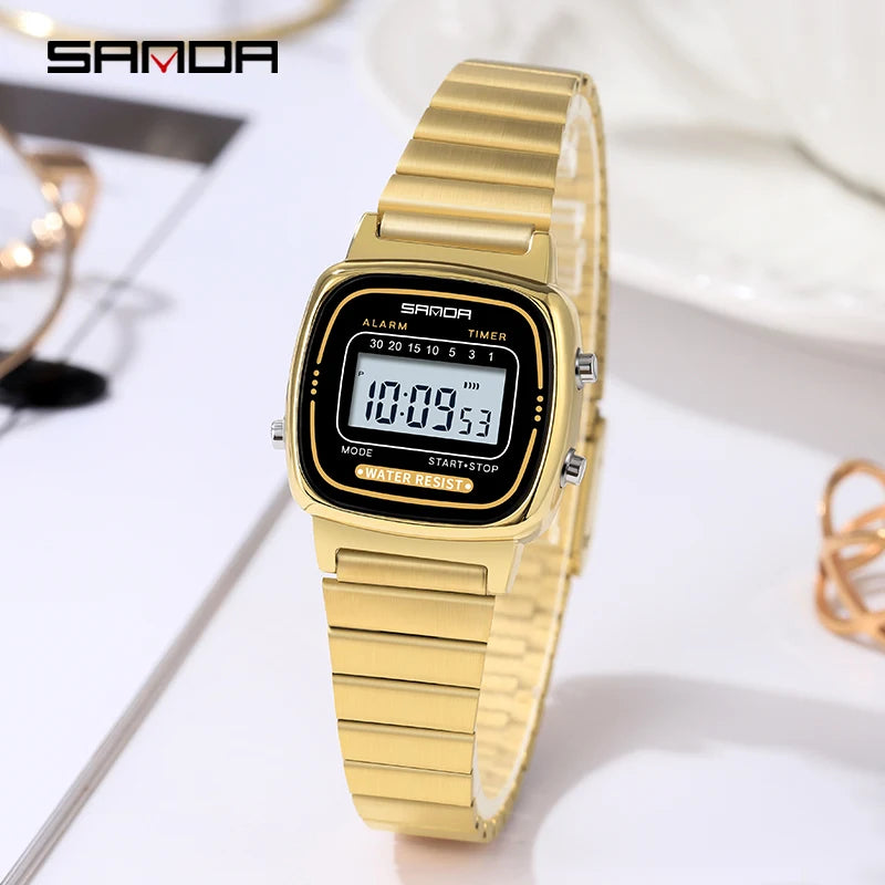 Damen Armbanduhr Armband Retro Digital Uhr Luxus Quarz Gold Quarzuhr LED-Anzeige