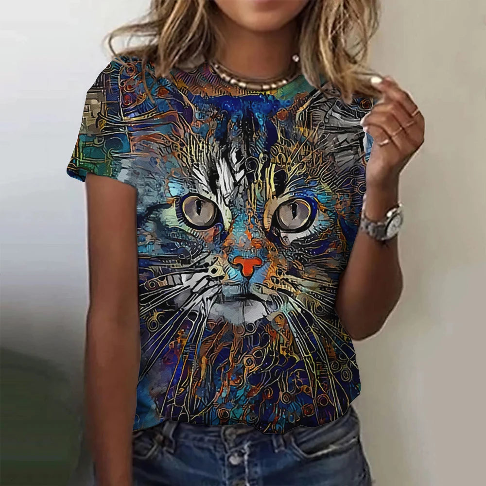 Damen Sommer Top 3D Katzen T-Shirt Rundhals Streetwear lockeres Damentop Bluse