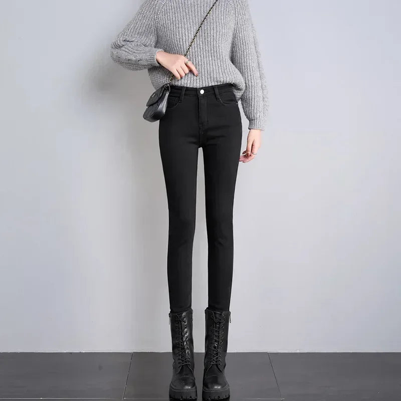 Damen Winter Warm Thermo Jeans Hose Innenfleece Stretch Hosen Leggins Denim