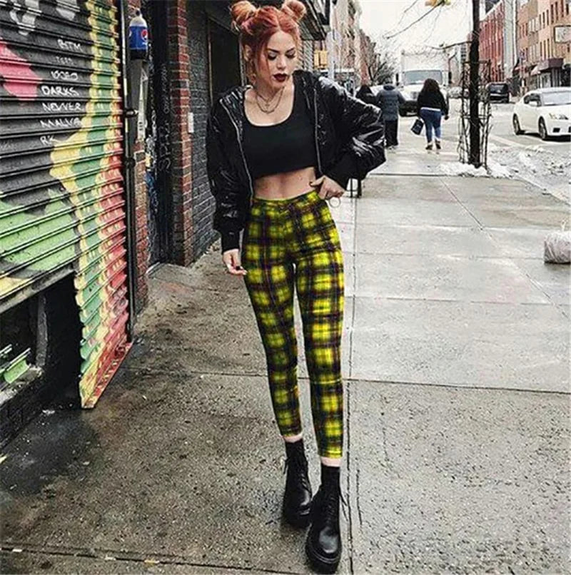 Leggings Damen Kariert Tartan Karo Muster Fitness Leggins Sexy Hohe Elastizität