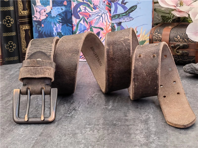 Jeans-Gürtel Herren Eckig Schnalle Echt Leder Gürtel Braun Breite Schnalle