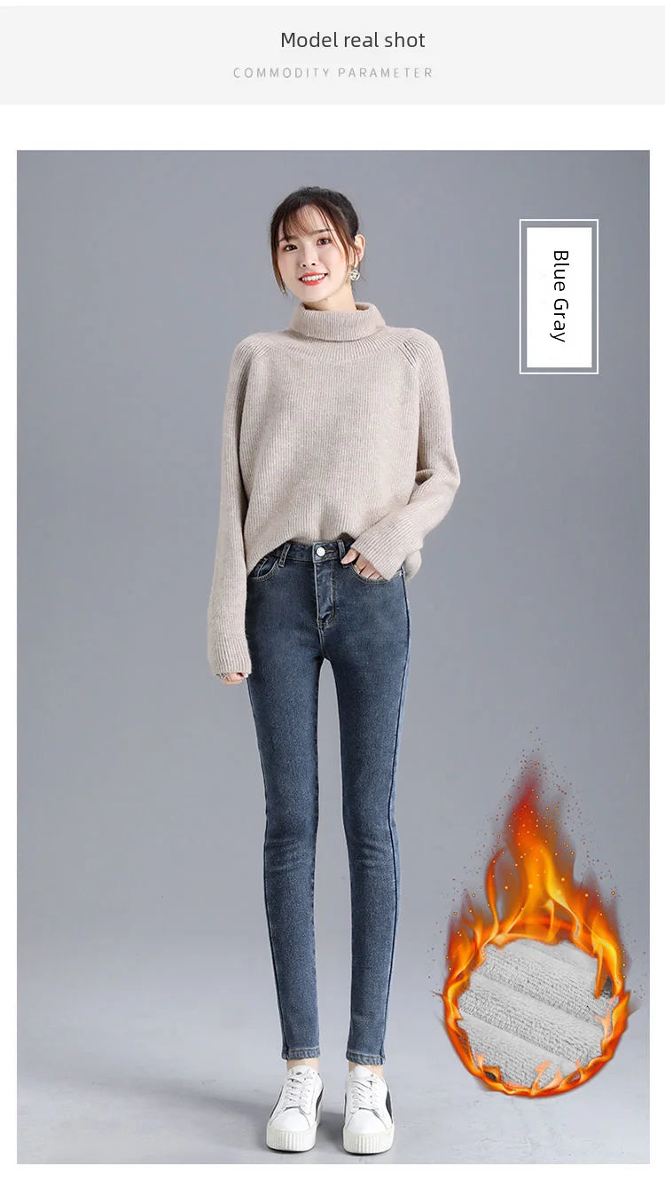 Damen Winter Warm Thermo Jeans Hose Innenfleece Stretch Hosen Leggins Denim