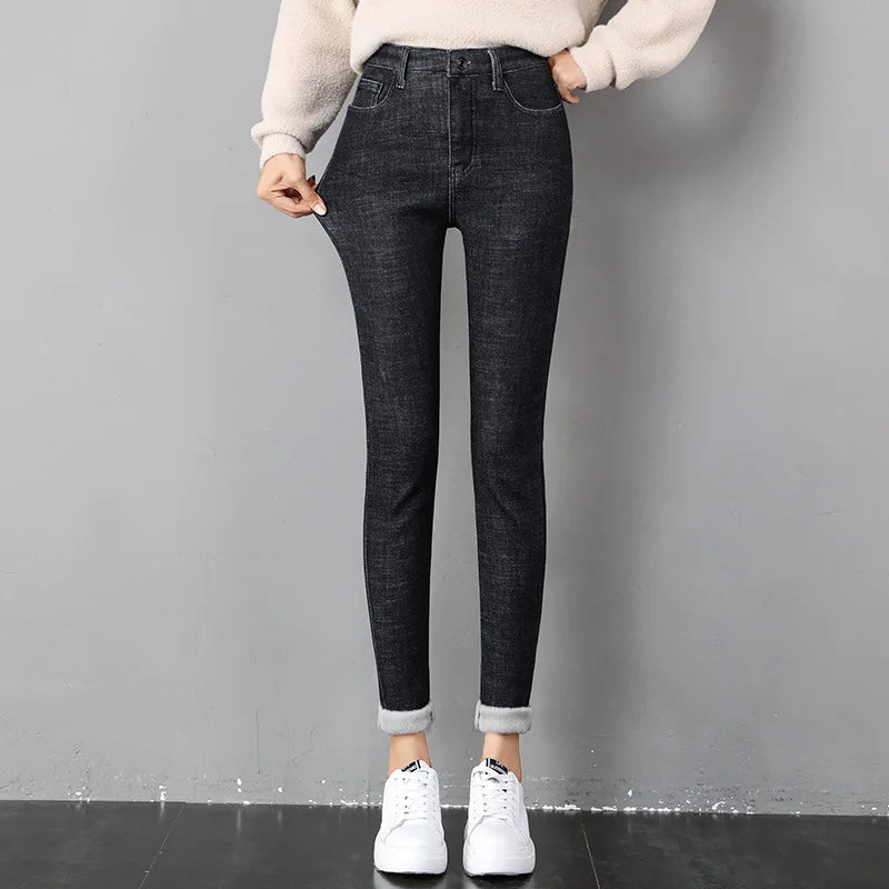 Frauen Winter Warm Thermo Jeans Hose Innenfleece Stretch Hosen Leggins Denim