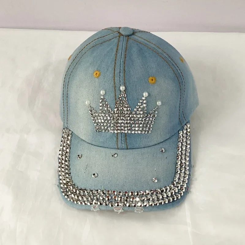 Jeans Basecap Cappy Denim Look Cap Kappe LOVE Strass gebogen Herren Damen