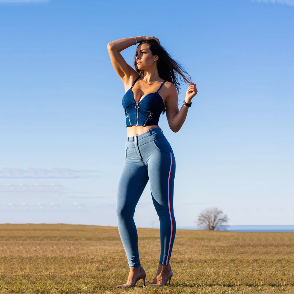 Damen Leggins Denim Look Leggings Sexy Push Up Jeans Hose Jeanshose Stretchhose
