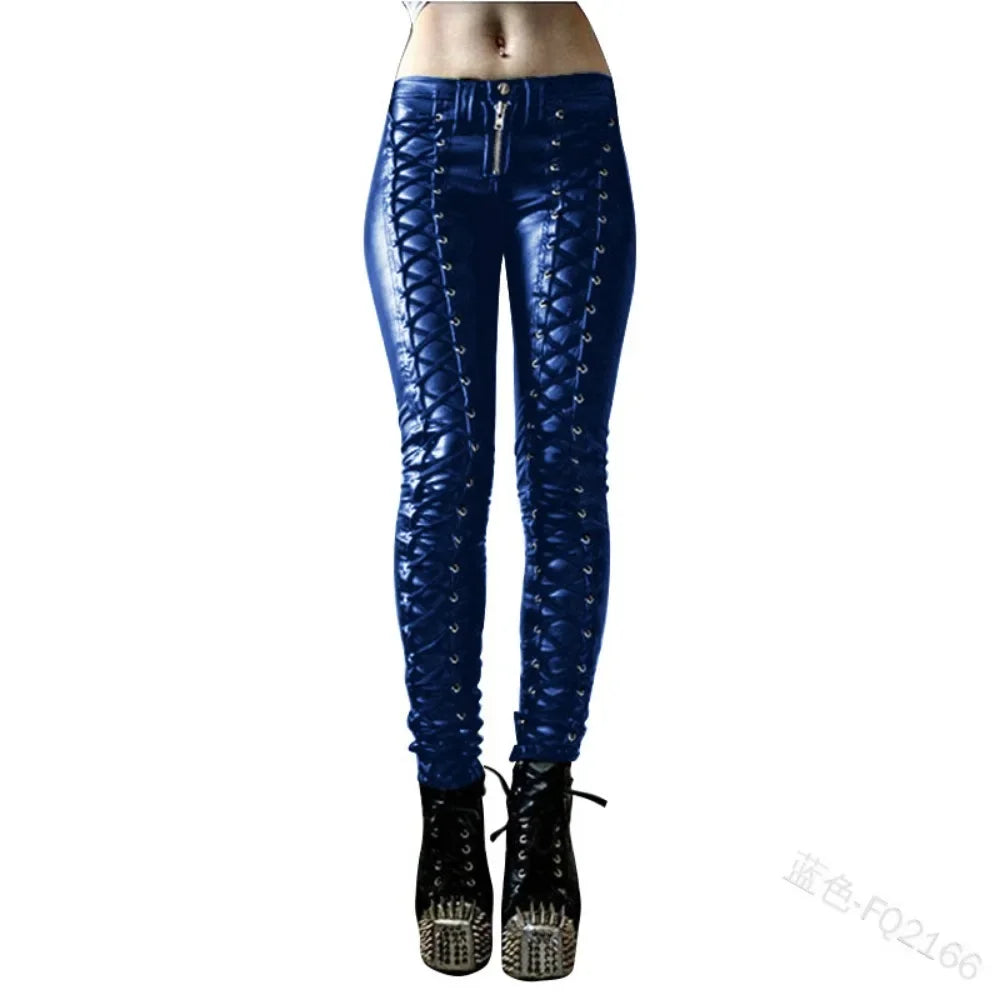Sexy Damen Leggings Push Up Leggins Gothic Punk Hose PU Lederhose Reißverschluss
