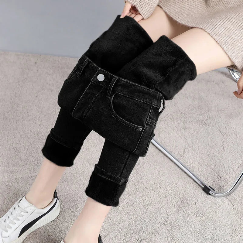 Damen Winter Warm Thermo Jeans Hose Innenfleece Stretch Hosen Leggins Denim