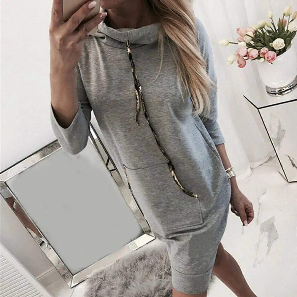 Damen Kapuzenpullover Minikleid Hoodie Sweatshirt Longtops Tunika Jumper Kleid