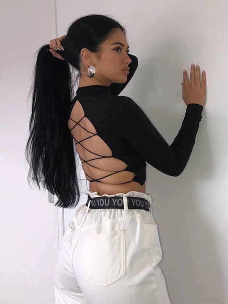Damen Sexy rückenfrei Langarm Oberteil Tank Top Shirt Trägertop Spaghettiträger