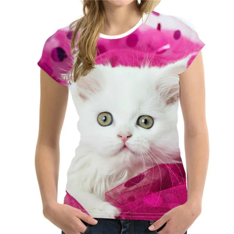 Damen T-Shirt Sommer Top Katzen Hemd Rundhals Streetwear lockeres Damentop