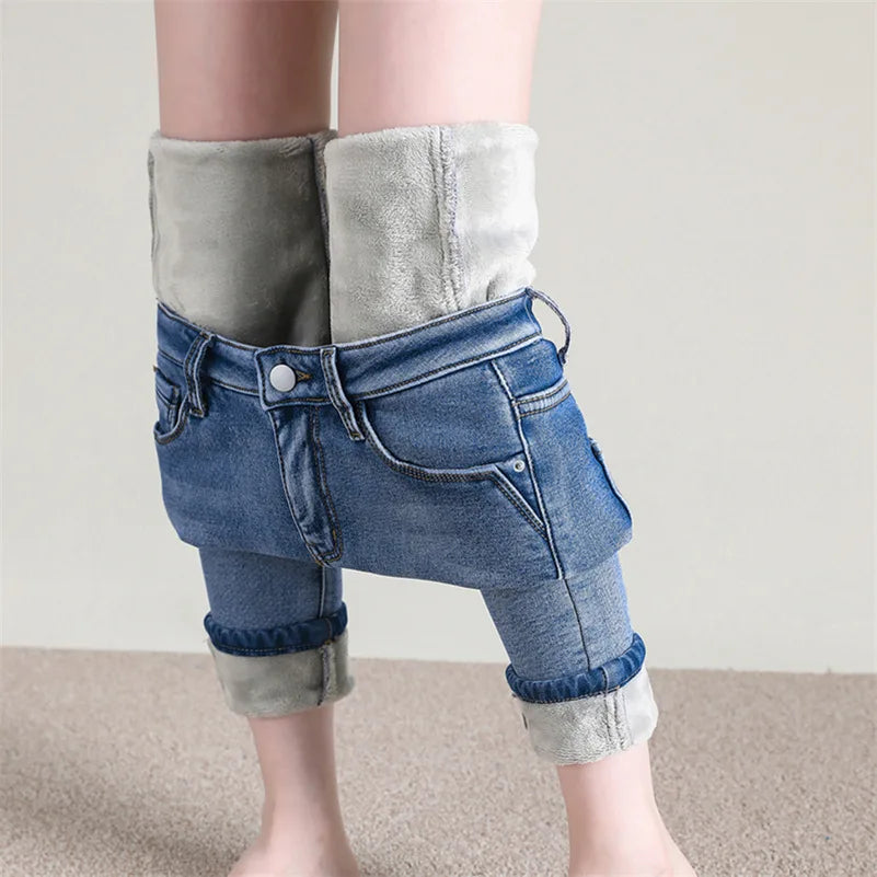 Damen Winter Warm Thermo Jeans Hose Innenfleece Stretch Hosen Leggins Denim