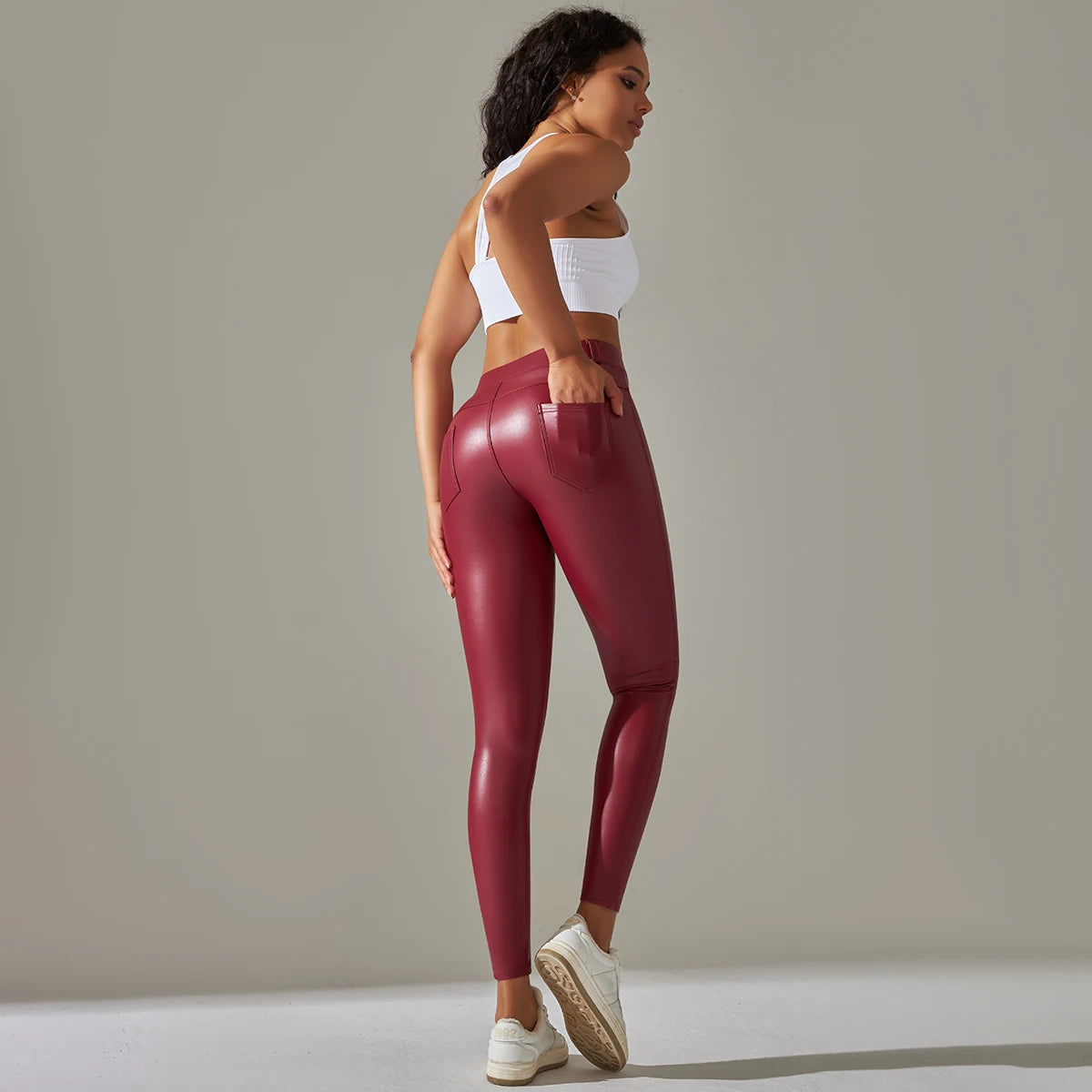 Damen Fashion Leggings Push Up Leggins Hose PU Lederhose mit Taschen Sexy
