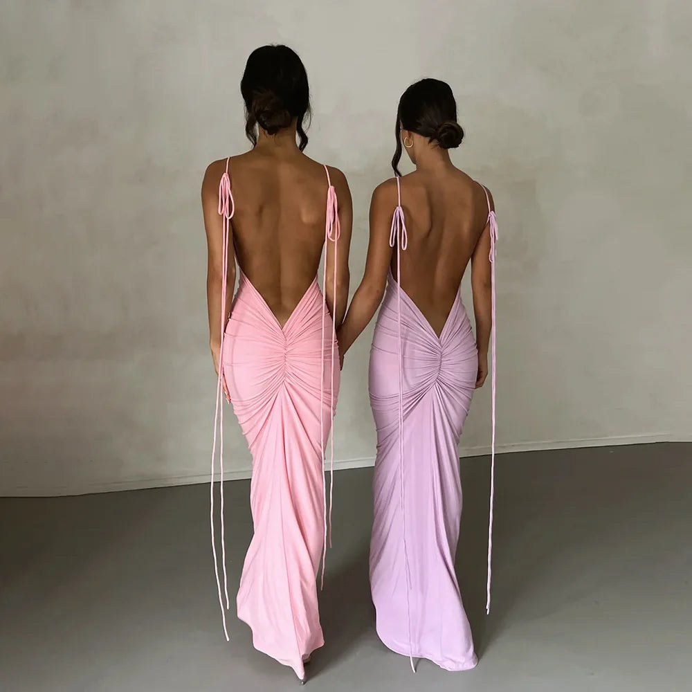 Frauen Kleid rückenfreies Partykleid Langes Trägerkleid Abendkleid Cocktailkleid