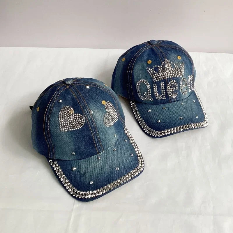 Jeans Basecap Cappy Denim Look Cap Kappe LOVE Strass gebogen Herren Damen