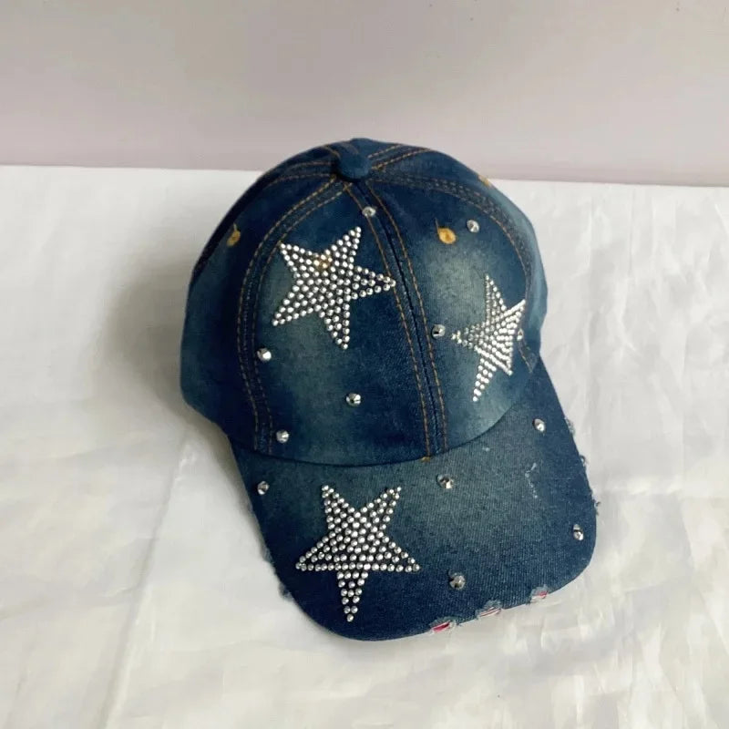 Jeans Basecap Cappy Denim Look Cap Kappe LOVE Strass gebogen Herren Damen