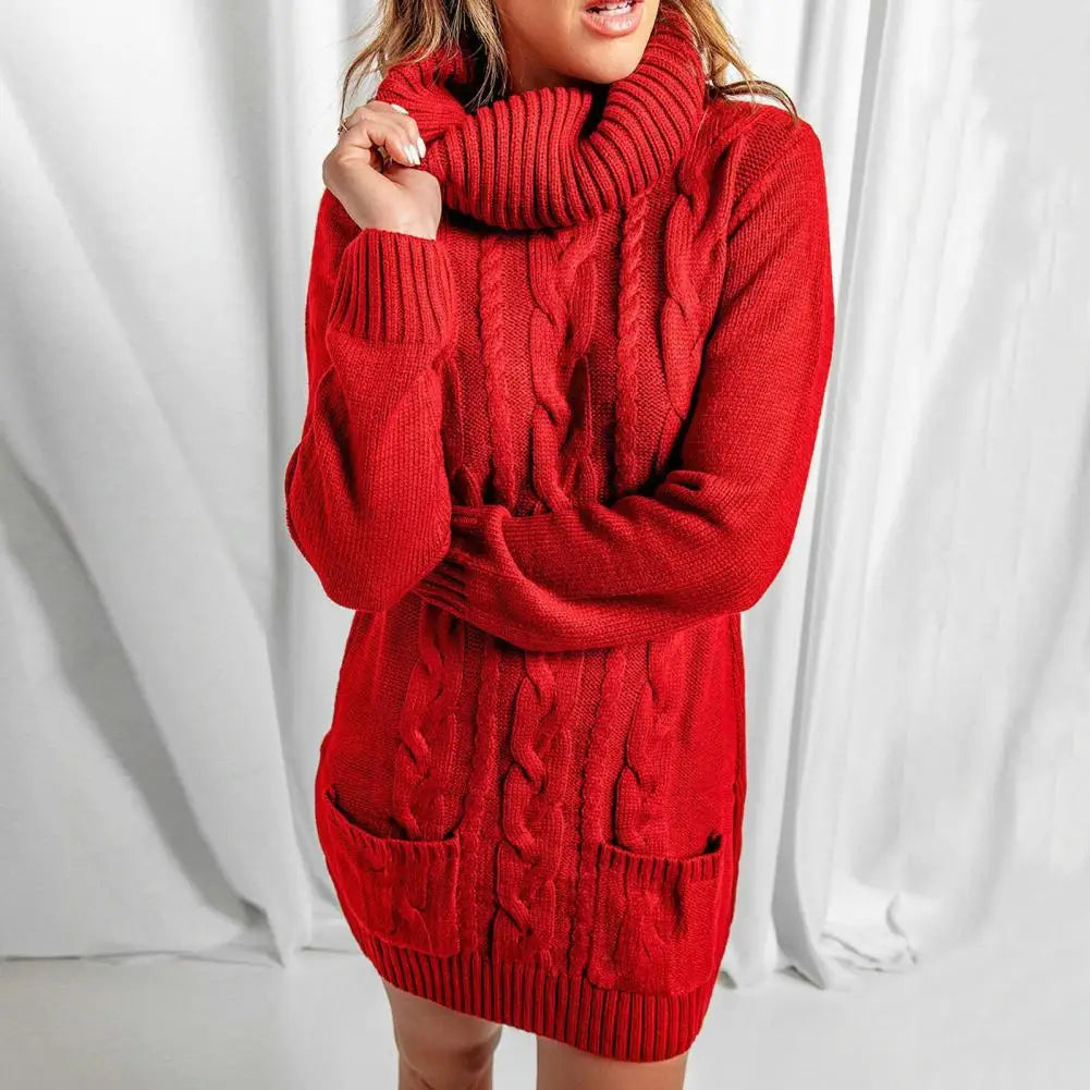 Damen Wollkleid Rollkragen Herbstkleid Winterkleid Strickkleid Longpullover