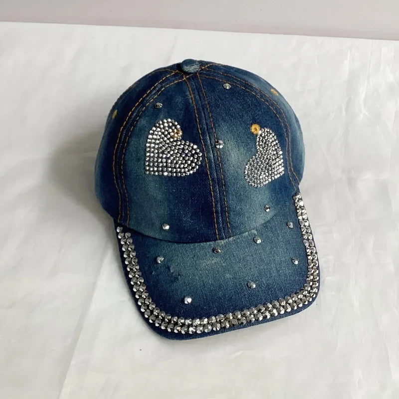 Jeans Basecap Cappy Denim Look Cap Kappe LOVE Strass gebogen Herren Damen