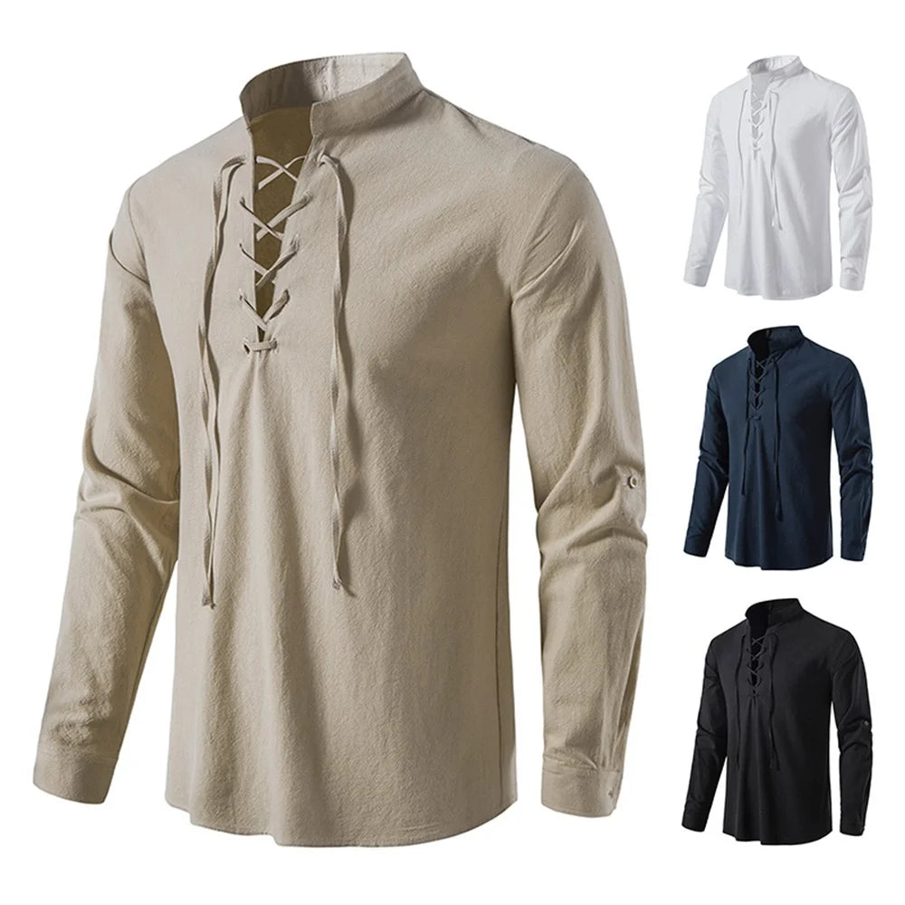 Herren Poloshirt Leinenhemd Langarm T-Shirt Leinen Hemd Polohemd Freizeithemd