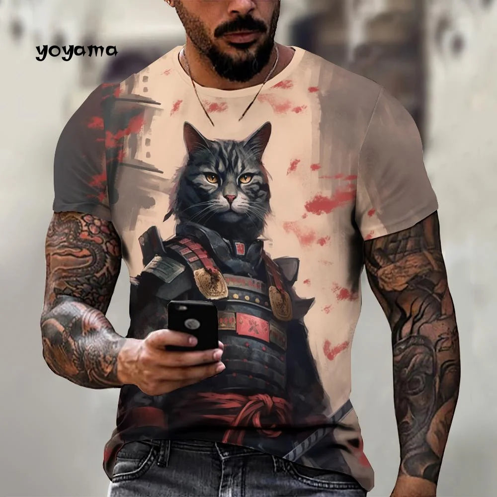 Japanische Samurai Katze Muster männer T-Shirt 3D Spaß Druck Kurzarm Sommer T-Shirt Harajuku Tops männer Straße Casual kleidung