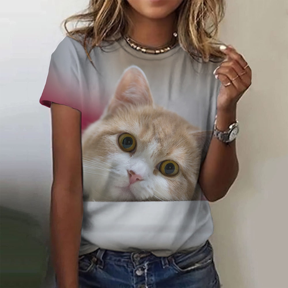 Damen Sommer Top 3D Katzen T-Shirt Rundhals Streetwear lockeres Damentop