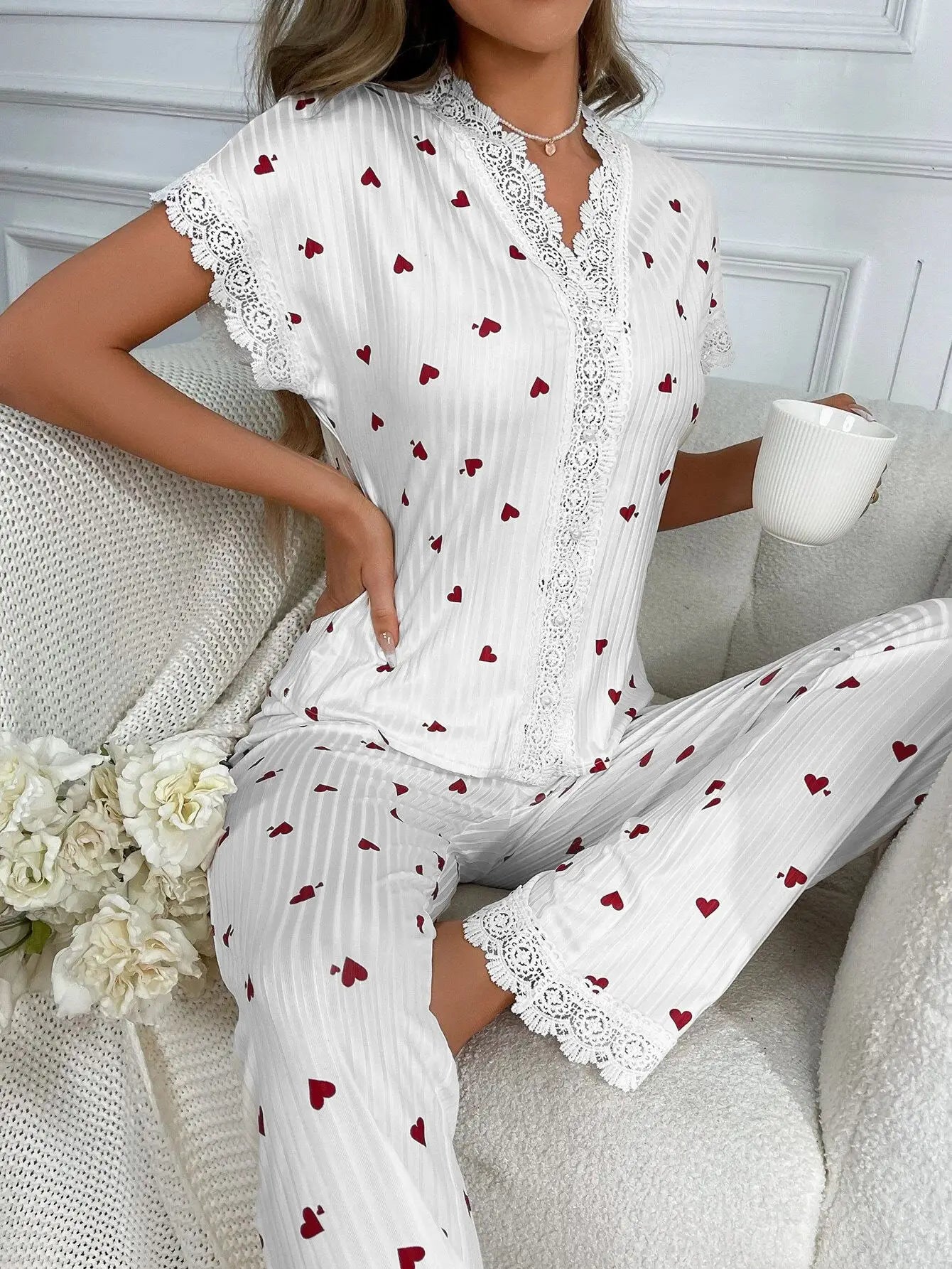 Frühlings-Sommer-Pyjama-Set für Damen, Nachtwäsche, Spitzenbesatz, Herzdruck, kurzärmliges Oberteil und Hose in voller Länge, Nachtwäsche, Loungewear