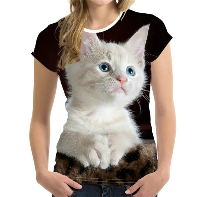 Damen T-Shirt Sommer Top Katzen Hemd Rundhals Streetwear lockeres Damentop