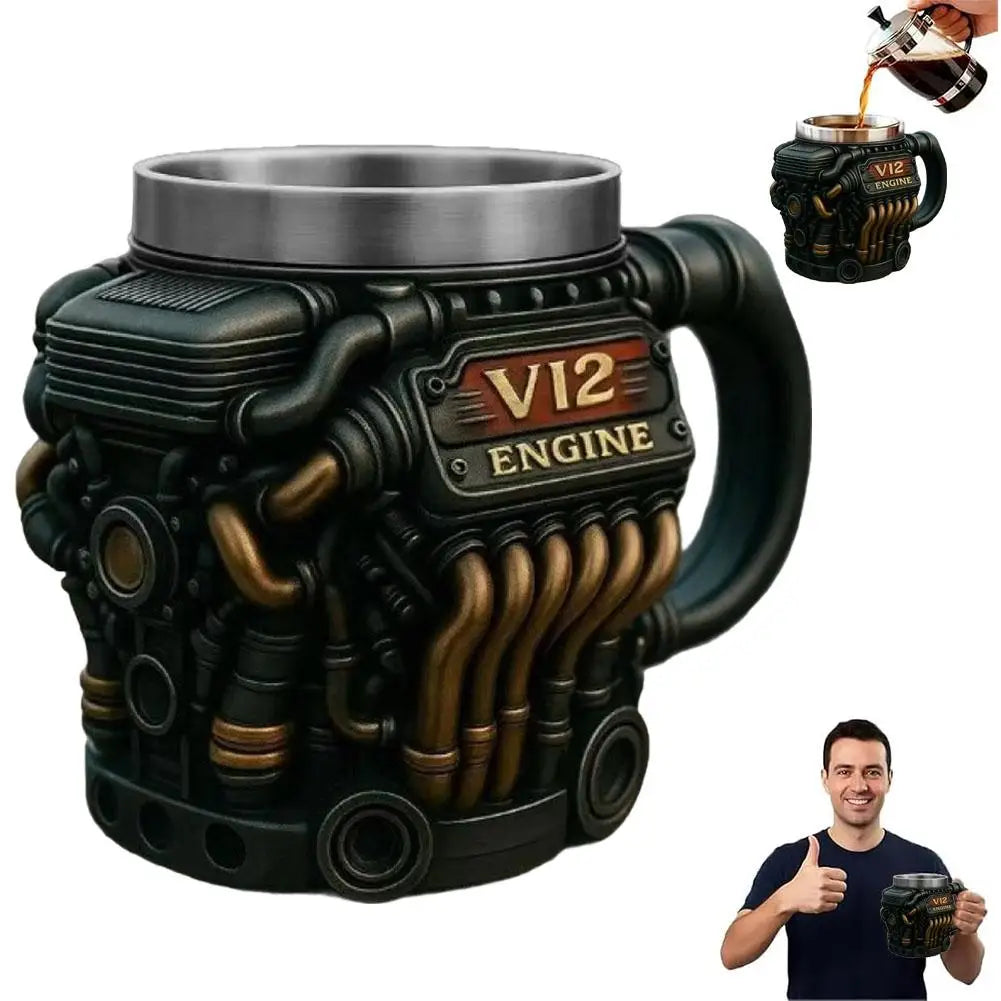 Edelstahl-Kaffeebecher Mug V8-Motoren-Motiv Kaffeetasse Becher Tasse Geschenk