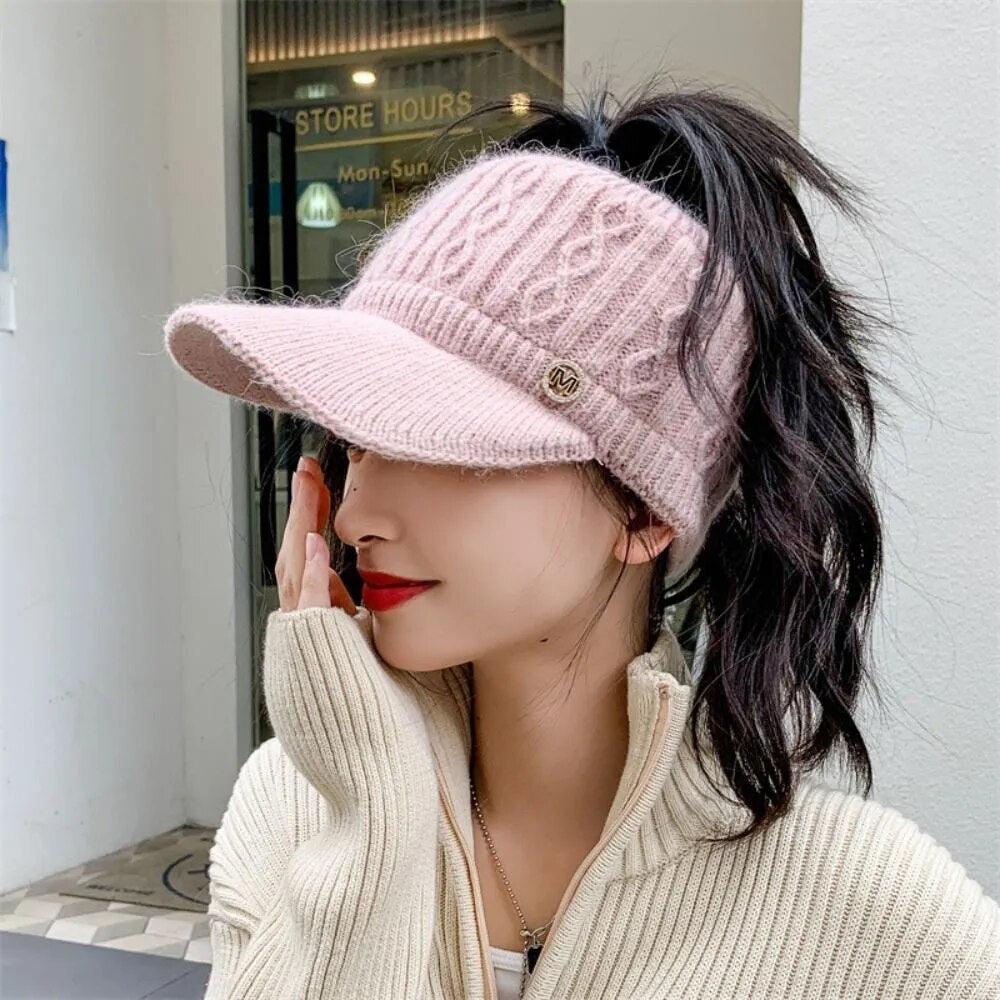 Damen Strickmütze mit Zopfloch Woll Strick Mütze Basecap Kappe Pferdeschwanz
