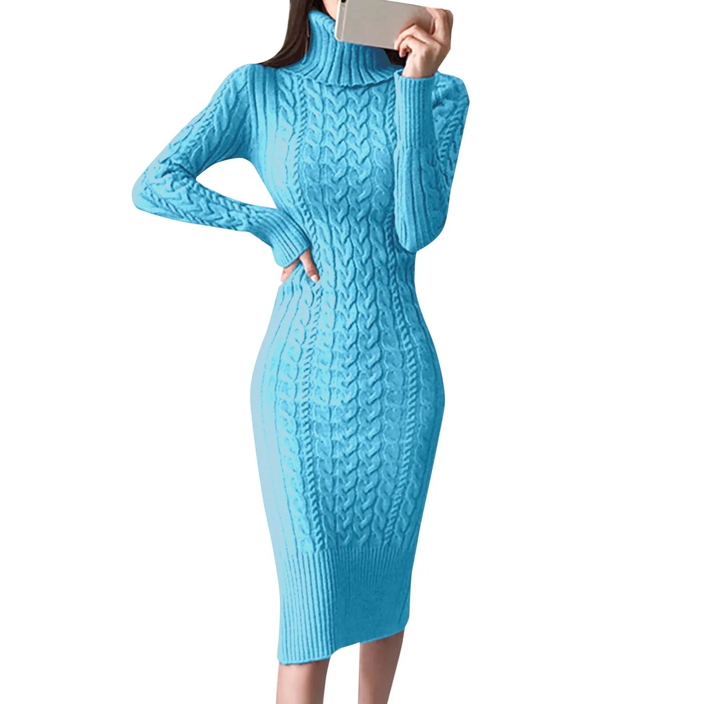 Damen Wollkleid Rollkragen Stiefelkleid Herbstkleid Winterkleid Strickkleid Long