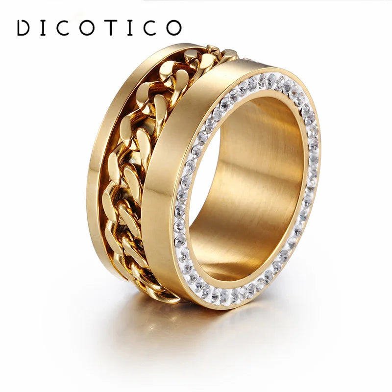Edelstahl Herren und Damen Ring  Gold Zirkonia Biker Spinning Ketten Style