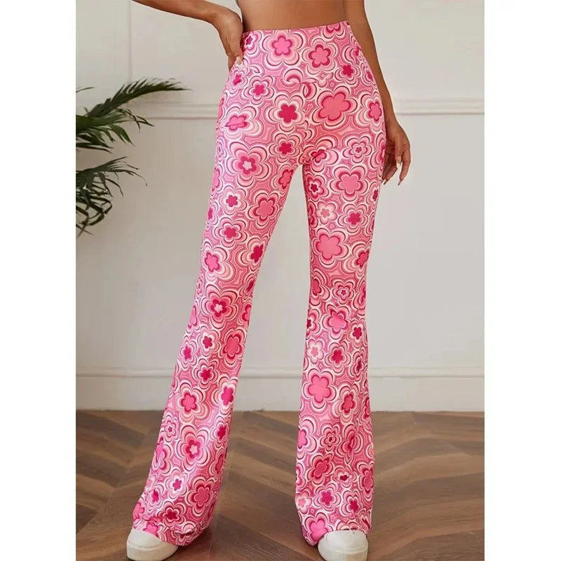 Damen Yoga Hose Bootcut Hüftjeans Schlaghose Flared Leggins Flower Power Retro