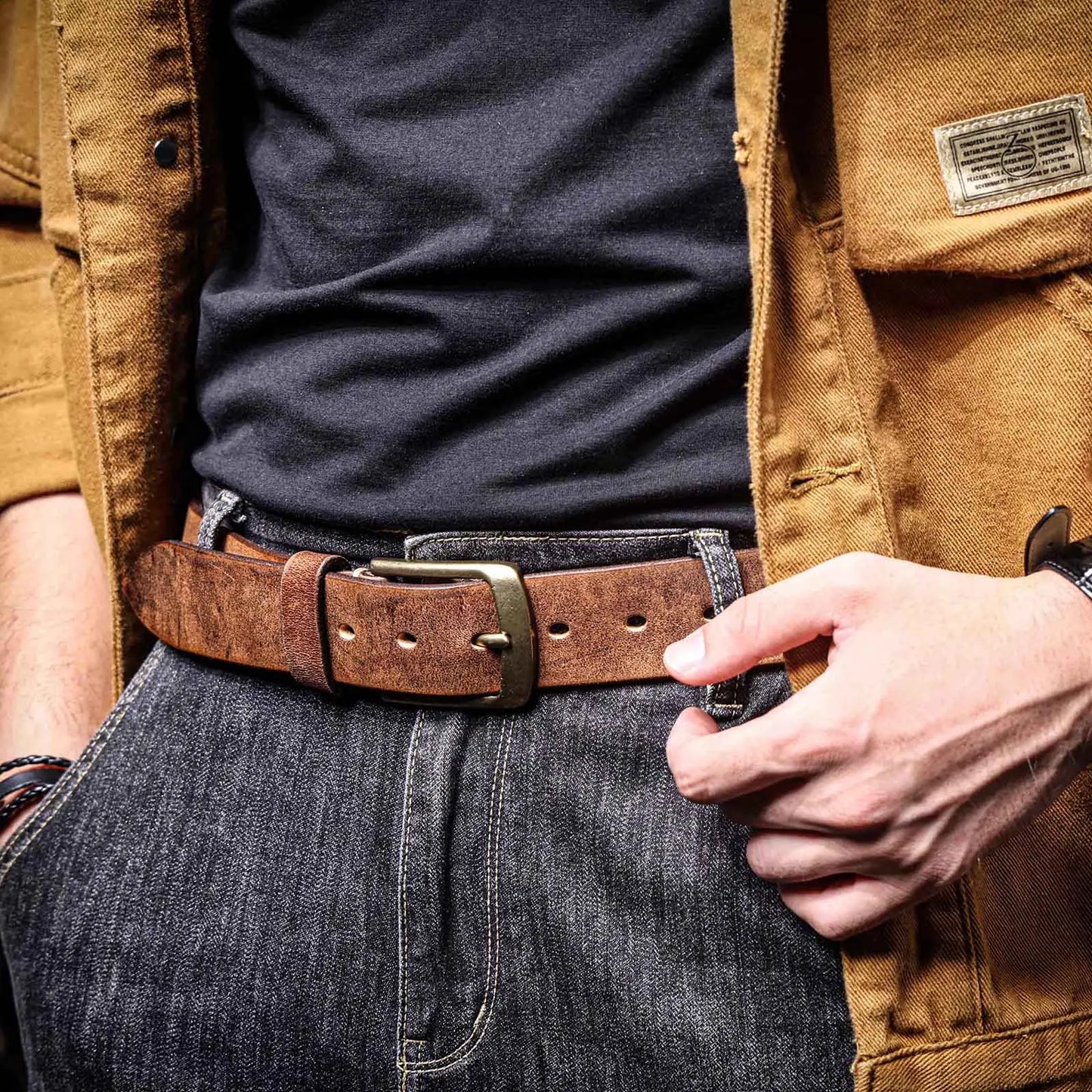 Jeans-Gürtel Herren Eckig Schnalle Echt Leder Gürtel Braun Breite Schnalle